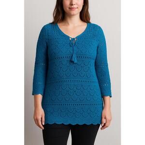 Lucky Brand Women's Crochet 3/4 Sleeve Top Blue Tassel Scalloped Bohemian XL